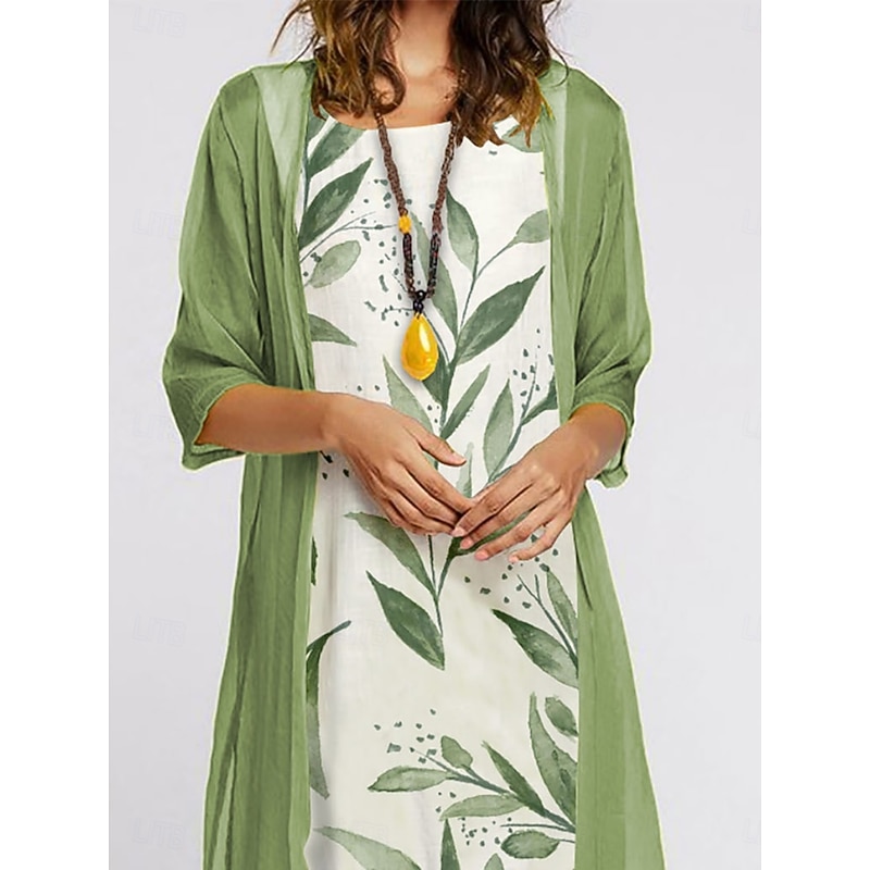 Women's Dress Set Summer Dress Casual Floral Print Midi Dress 3/4 Length Sleeve Crew Neck Outdoor Daily Blue Purple Green Summer Spring Regular Fit2