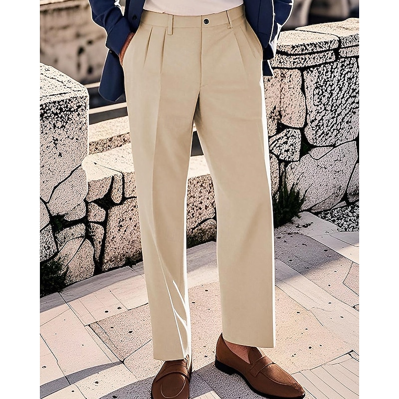 Men's Cotton Pants Chinos Buttons Pocket Pleats Plain Comfort Work Business Classic Style Black Navy Blue Micro-elastic