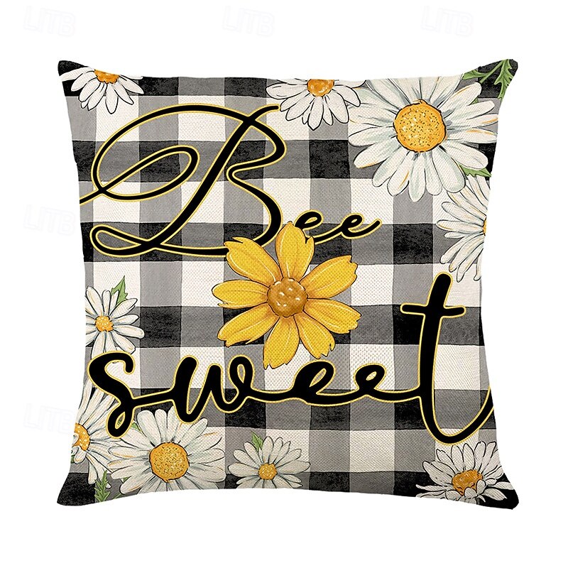 Summer Bee Floral Decorative Toss Pillows Cover 4PC Soft Square Couch Cushion Case Pillowcase for Bedroom Livingroom Sofa Chair4