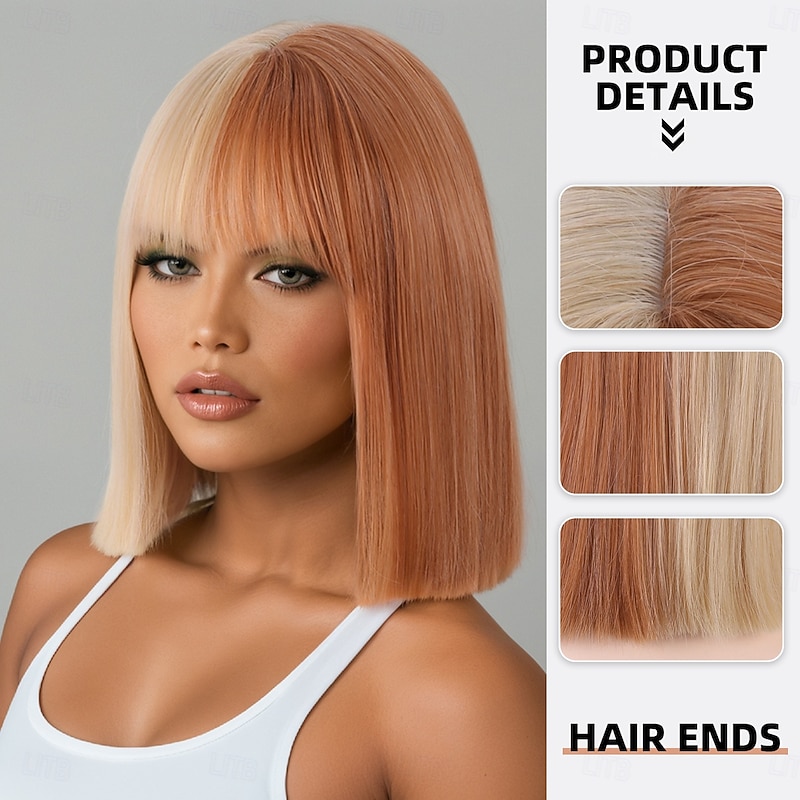Synthetic Wig kinky Straight Yaki Straight Deep Parting Neat Bang Machine Made Wig 12 inch A1 Synthetic Hair Women's Classic Comfortable Color Gradient Multi-color2
