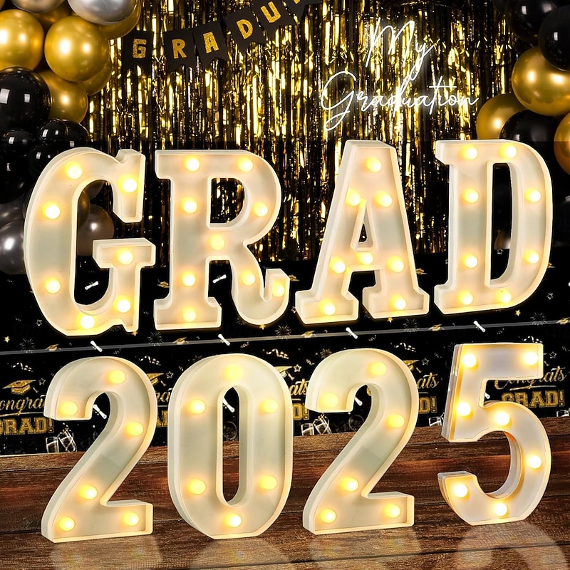Graduation Decorations 2025 - LED Marquee Light Up Letters GRAD 2025 - Class of 2025 Ornaments Sign for Kindergarten Preschool High School College Wall Table Centerpieces Decor Party Supplies