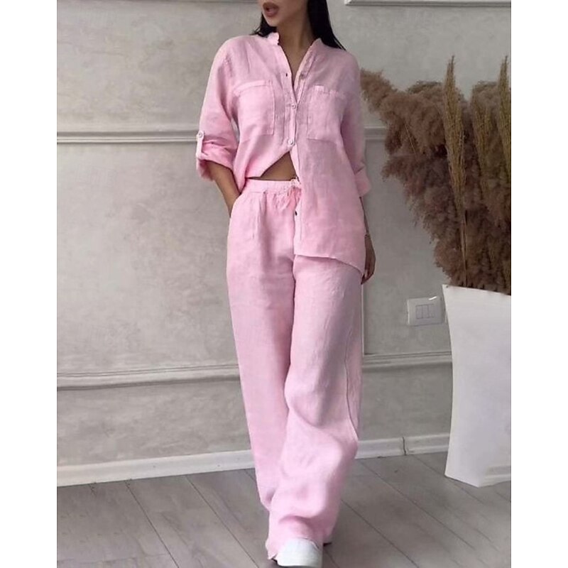 Women's Active Shirt Blouse Pants Sets Long Sleeve Shirt Collar Solid Color Dubbele Rij Knopen Outdoor Weekend White Yellow Pink Summer Regular Fit2