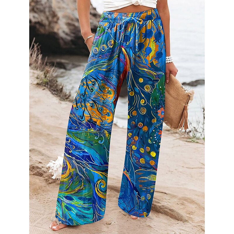 Women's Wide Leg Chinos Baggy Pants Vacation Vintage Fashion Full Length High Waist Graphic Printing Thermal Warm Soft Breathable Micro-elastic Vacation Street Causal rice white Robin's Egg Blue Brown3