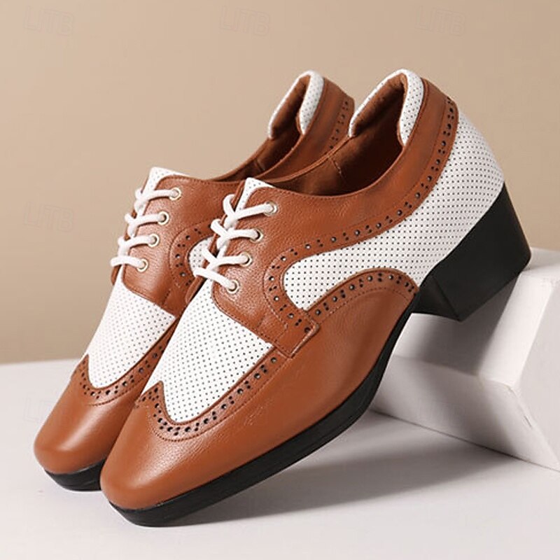 Men's Brown and White Faux Leather Dance Shoes – Classic Lace-Up Oxford Design with Perforated Detailing for Ballroom and Latin Dancing4