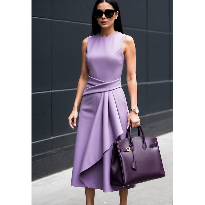 Women's Midi Dress Sheath Dress Summer Dress Ruched Dress Elegant Date Summer Dress Regular Fit Pure Color Sleeveless Crew Neck White Blue Purple Summer2