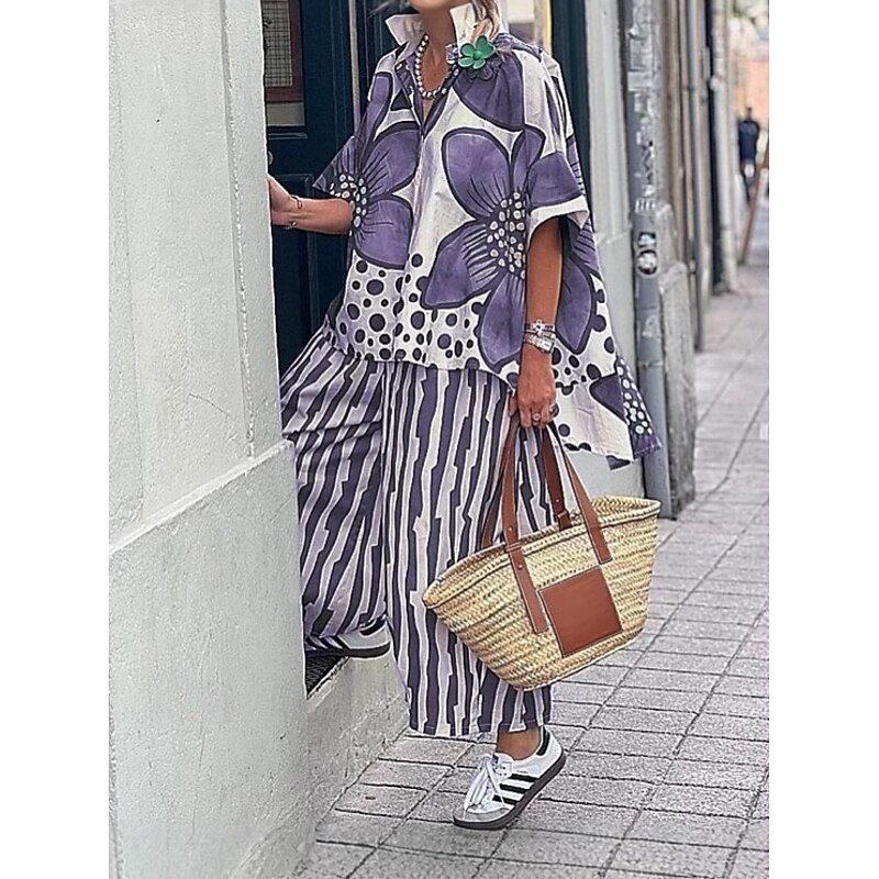 Women's EU / US Size Matching Sets Half Sleeve Bell Sleeve V Neck Printing Print Going out Casual Daily Red Blue Purple Summer Loose Fit