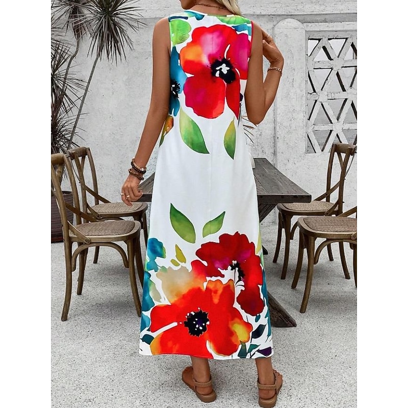 Women's Maxi Dress A Line Dress Vacation Casual Beach Daily Regular Fit Floral Graphic Sleeveless Crew Neck Red Summer Spring2