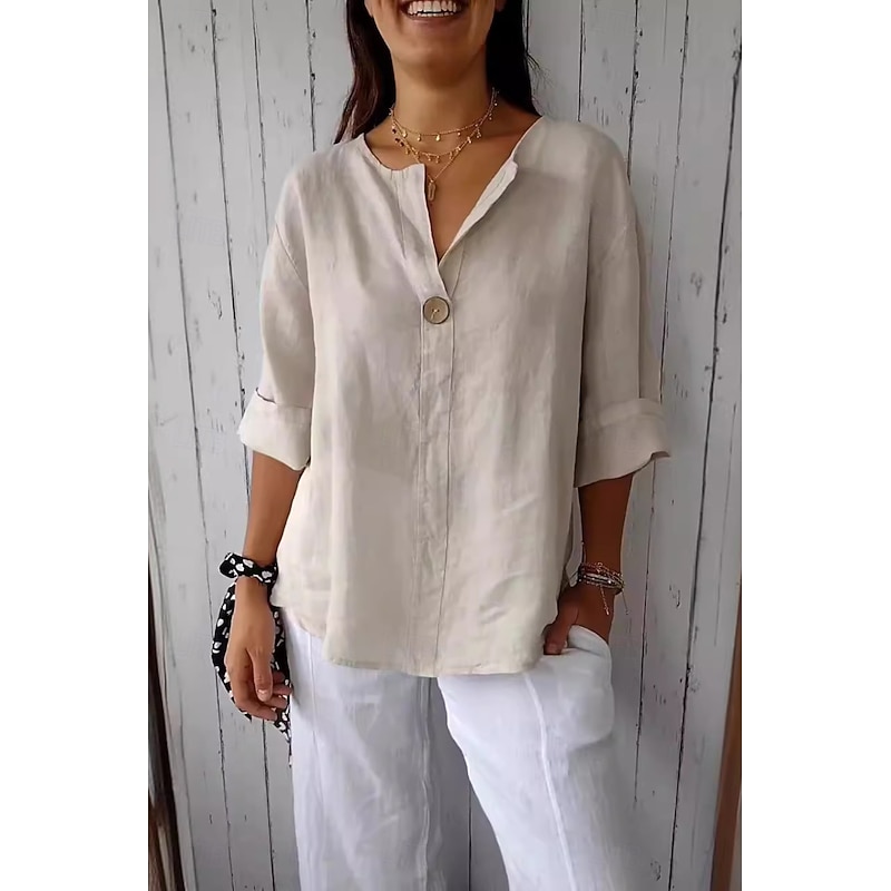 Women's Shirt Cotton Linen Shirt Blouse Plain Modern Casual 3/4 Length Sleeve V Neck Regular Tops Daily Going out Buttons Black White Red Navy Blue Green Summer