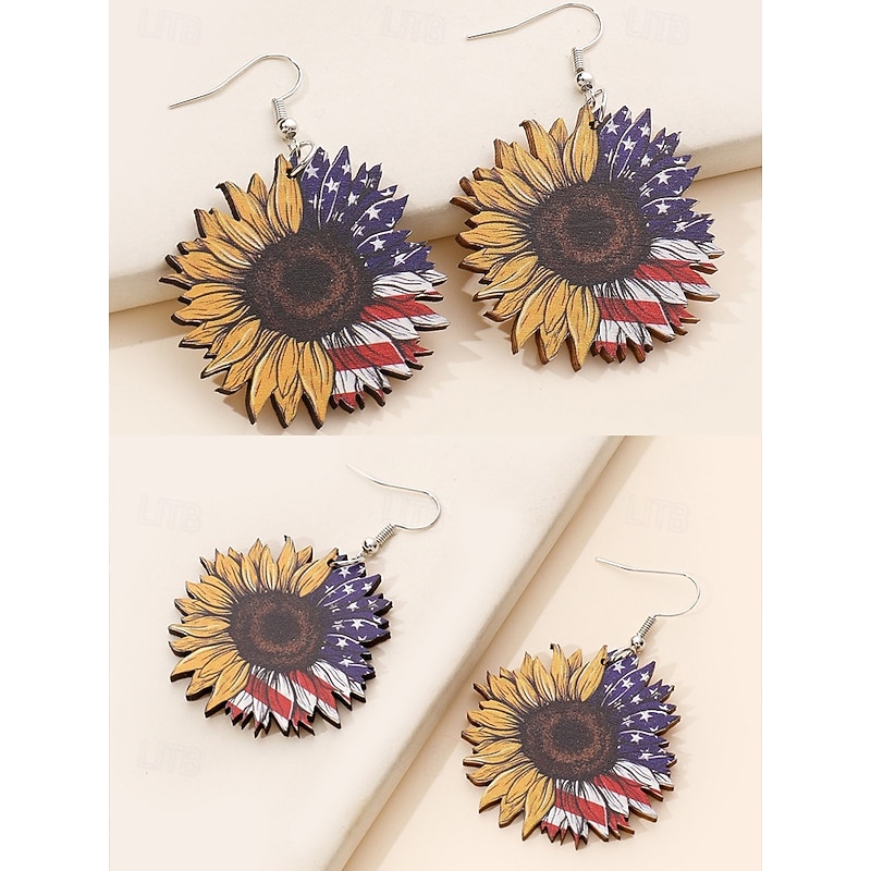 Women's American Flag Sunflower Wooden Dangle Earrings – Patriotic Boho Style Lightweight Statement Jewelry for Independence Day, 4th of July, Memorial Day and Summer Festivals4