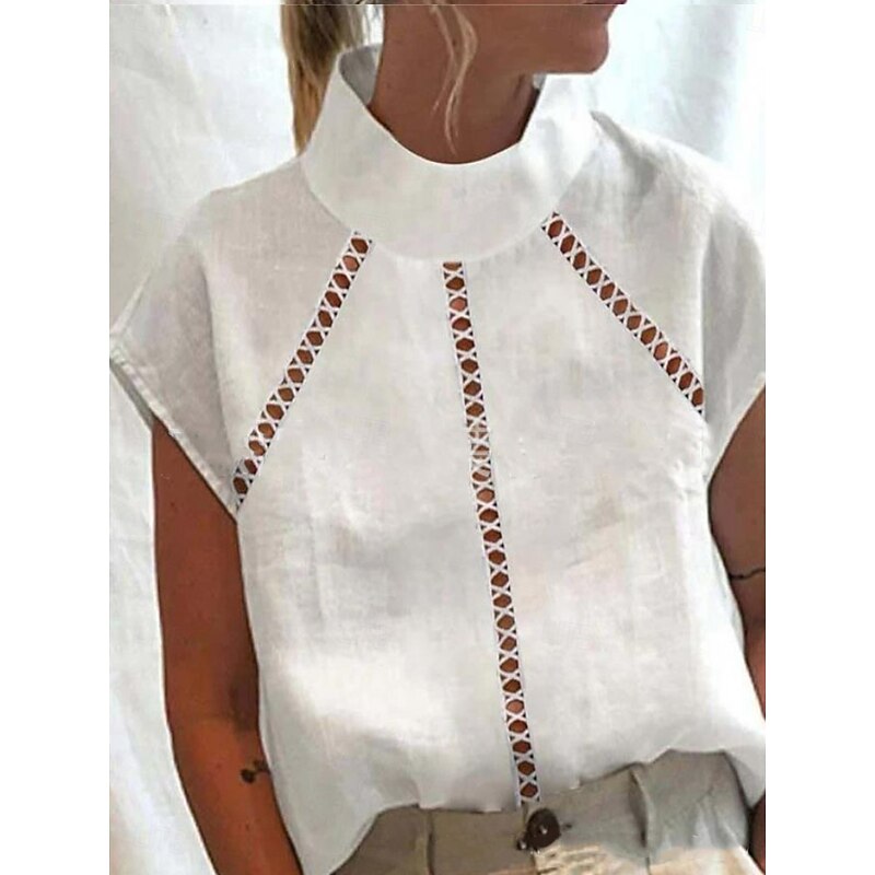 Women's Cotton Linen/Linen Like Shirt Solid Color Bohemia Daily Stylish Long Sleeve Shirt Collar Regular Tops Daily Holiday Going out Patchwork White Summer Spring