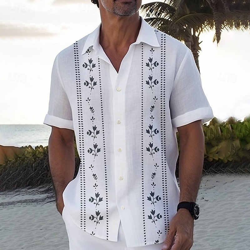 Men's Tropical Plants Linen Shirt Summer Hawaiian Shirt Button Up Shirt Short Sleeve Hawaiian Resort Vacation Holiday Beach Wear Summer Spring Turndown 3D Print Collared Shirts White Pink Green