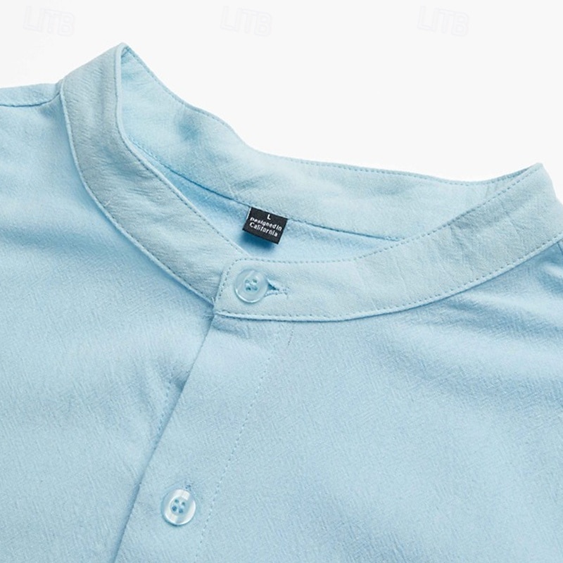 Men's Shirt Band Collar Shirt Summer Shirt Beach Wear Casual Shirt Button Up Shirt Plain Vacation Daily Wear Black White Sky Blue Green Long Sleeve Collar Summer Clothing Apparel3