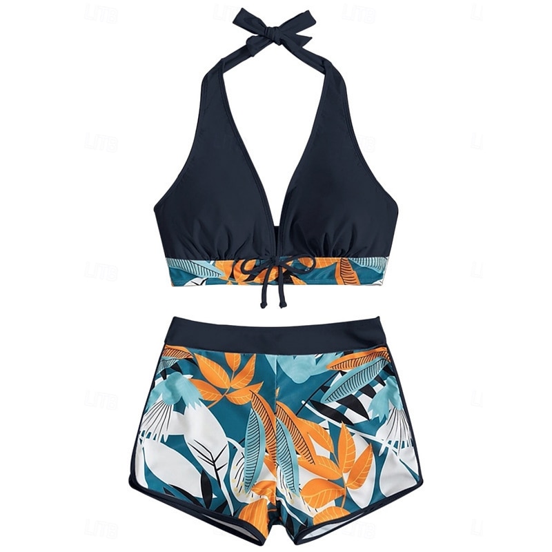 Women's Swimsuits Bikini 2 Piece Shorts Swimsuit Backless Slim Vacation Beach Wear Floral Halter Neck Sleeveless Bathing Suits4