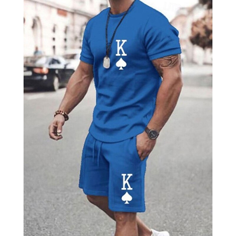 Men's T-shirt Suits 2 Pieces Outfits Tee & Shorts Short Sleeve Crew Neck Summer Heart Quotes & Sayings Fashion Casual 2 Piece Vacation Daily Wear Going out Green+Lime Black White Top Tee for Men2