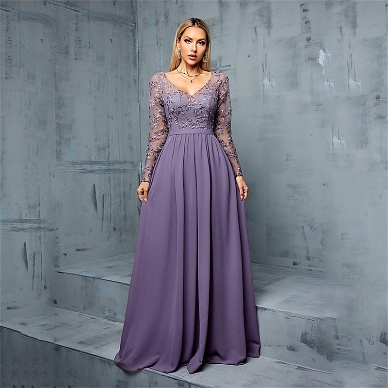 A-Line Mother of the Bride Quinceanera Dresses Elegant Dress Wedding Wedding Guest Floor Length Long Sleeve V Neck Chiffon with Pleats3