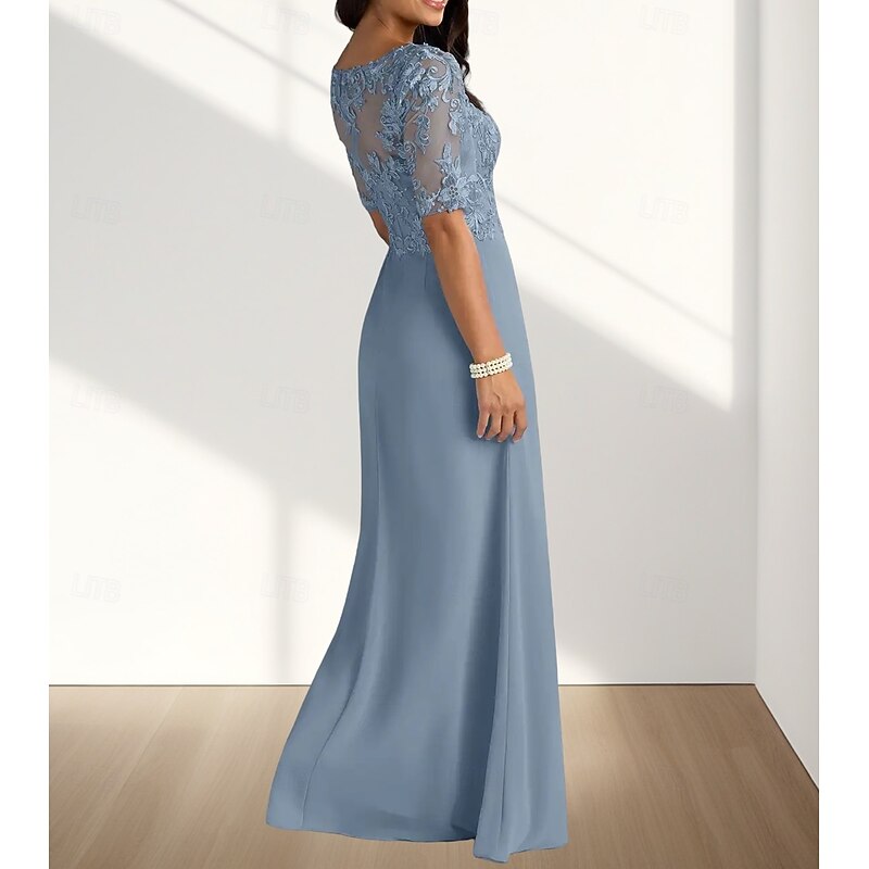 A-Line Mother of the Bride Dress Wedding Guest Elegant V Neck Floor Length Chiffon Half Sleeve with Pleats Appliques4