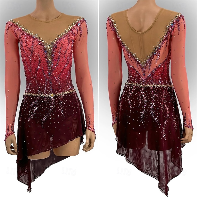 Figure Skating Dress Women's Girls' Ice Skating Dress Black Red Thumbhole Asymmetric Hem Mesh High Elasticity Training Competition Skating Wear Classic Crystal / Rhinestone Long Sleeve Ice Skating