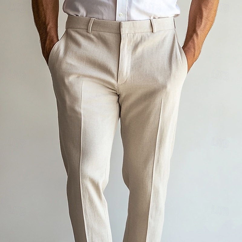 Men's Linen Pants Dress Pants Summer Straight Leg Plain Breathable Casual Holiday Fashion Sky Blue Light Grey Beige2