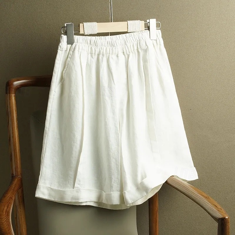 Women's Cotton Linen Pants Slacks Crop Fashion Knee Length Natural Plain Pocket Elastic Waist Comfy Outdoor Outdoor Going out Apricot Light Sky Blue Black White Summer Regular Fit2