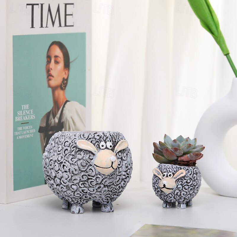 2pcs/set Planter Pots Resin Figurine for Succulent, Cartoon Sheep and Goat Design, Creative Garden Yard Decor, Cute Animal Planter for Outdoor Indoor Use, Resin Potted Ornament2