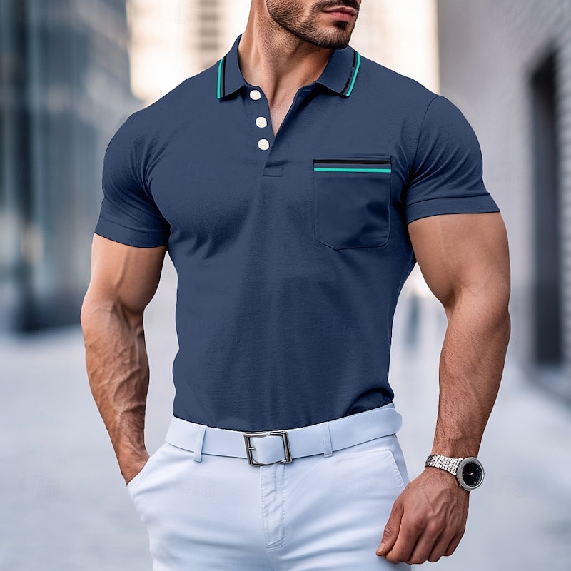 Men's Golf Polos Shirts Pique Polo Shirt Work Business Ribbed Polo Collar Classic Short Sleeve Basic Modern Solid Color Pocket Button Front Summer Spring & Summer Regular Fit Dark Red White Navy Blue