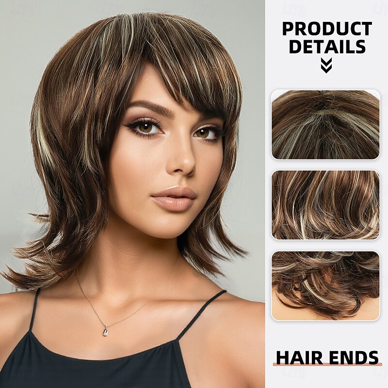 Synthetic Wig Wavy Bouncy Curl Asymmetrical Neat Bang Machine Made Wig 16 inch A1 Synthetic Hair Women's Classic Color Gradient Highlighted / Balayage Hair Blonde2