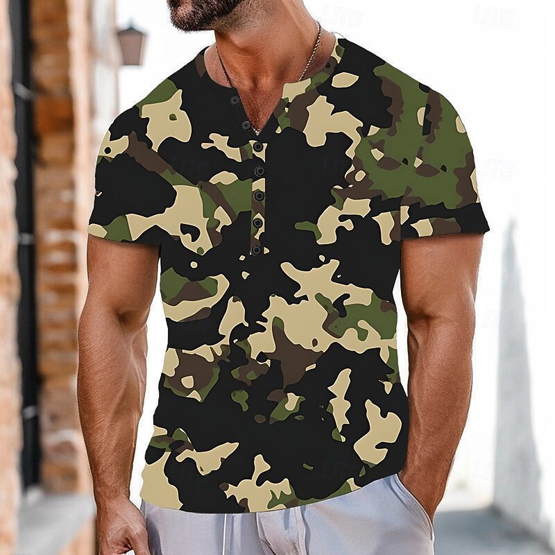 Men's Camouflage T Shirt Henley Shirt Short Sleeve Sports Fashion Designer Outdoor Street Casual Summer Forest Green Pink Henley Henley T-Shirt