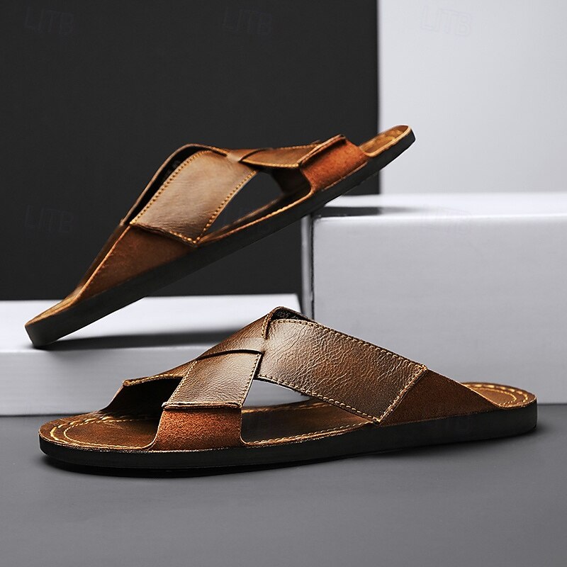 Men's Brown Faux Leather Cross-Strap Sandals – Comfortable Slip-On Sandals with High-Quality Leather Construction and Adjustable Fit, Ideal for Relaxed Summer Style and Outdoor Adventures4