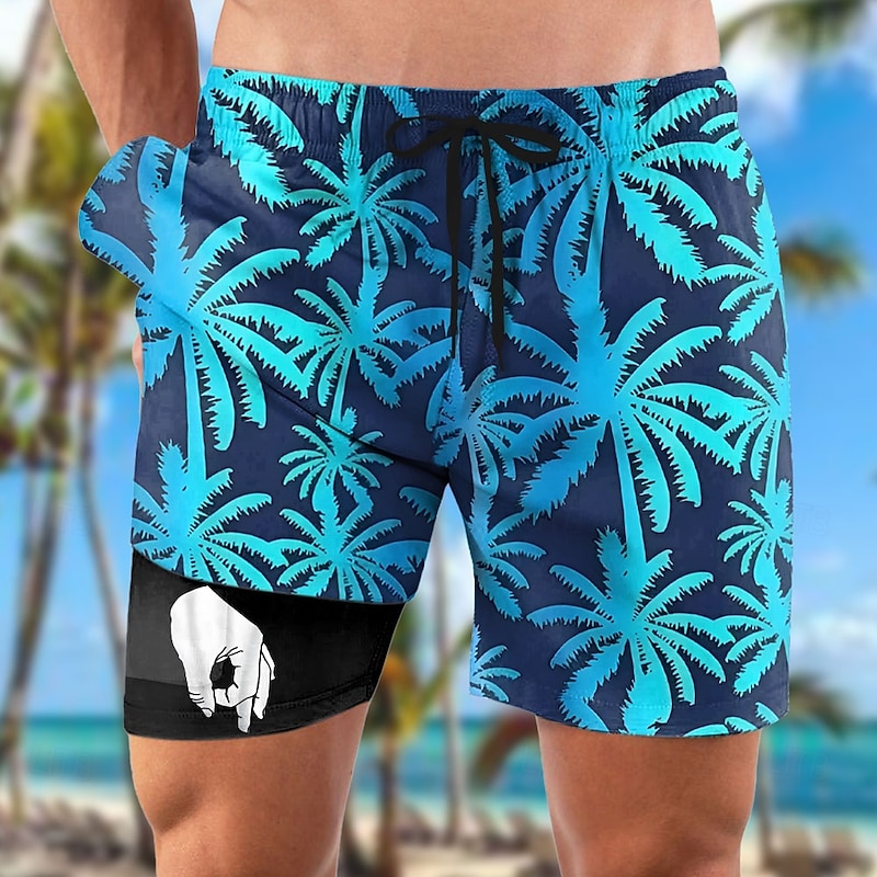 Men's Coconut Tree Funny gestures Lined Shorts 2 in 1 Board Shorts Swim Shorts Mid Waist Hawaiian Vacation Beach Wear Side Pockets With Compression Liner Elastic Drawstring Waist Designer Clothing