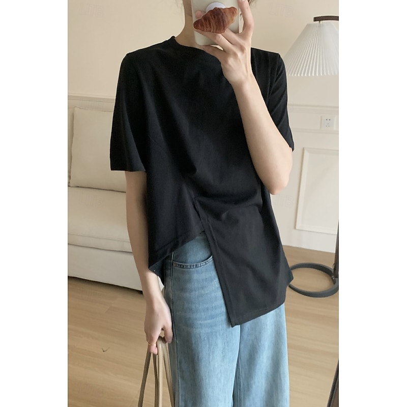 Women's Blouse Plain Modern Casual Short Sleeve Crew Neck Regular Tops Holiday Going out Asymmetric Hem Black White Summer4