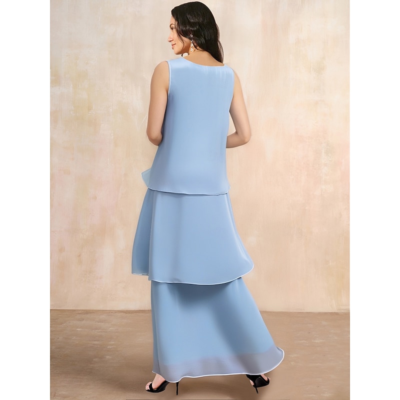 Beach Wedding Sheath Mother of the Bride Dress Wedding Guest Elegant Simple V Neck Ankle Length Chiffon Sleeveless with Tier Solid Color2