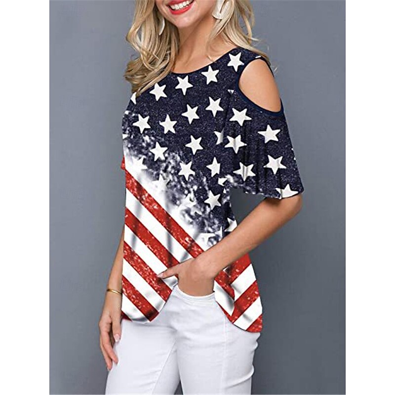 Women's Patriotic  T Shirt American Flag Modern Casual Red White And Blue Short Sleeve Crew Neck Regular Tops Daily Weekend Print Wine Red Royal Blue Blue Summer Spring2