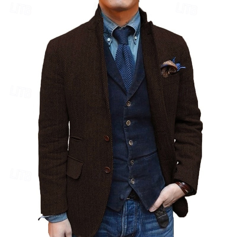 Men's Retro Vintage Tweed Blazer Herringbone Wool Blazer Sport Coat Regular Plus Size Single Breasted Two-buttons Black Champagne Burgundy Blue