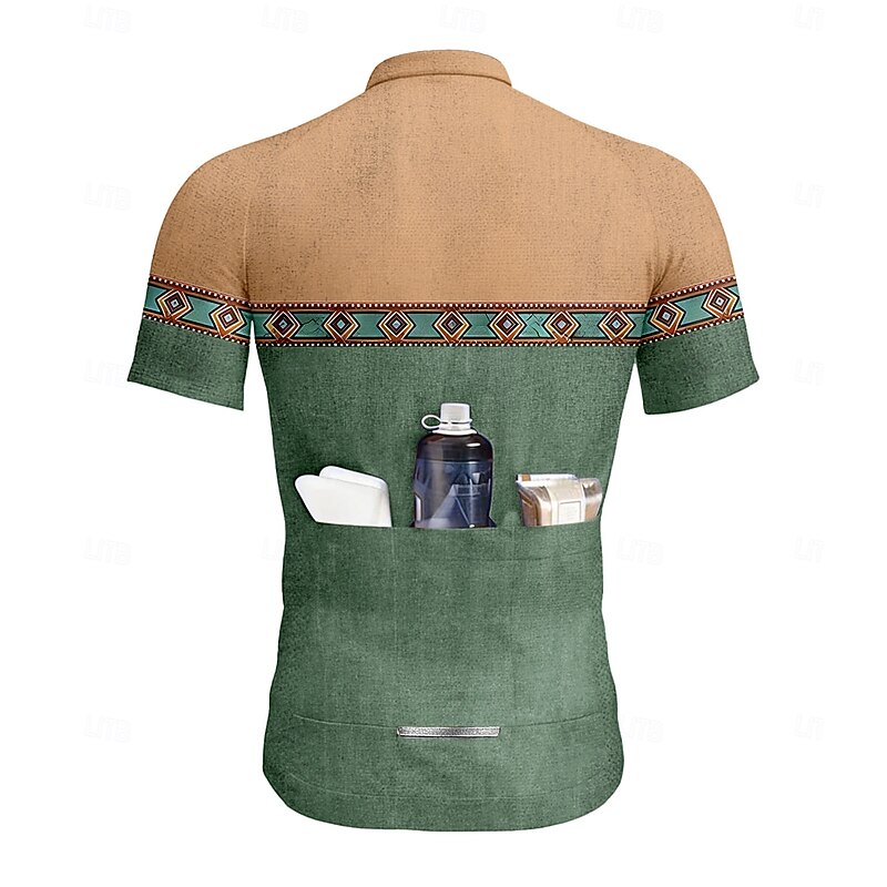 Men's Cycling Jersey Graphic Geometric Retro Short Sleeve Bike Jersey Top with 3 Rear Pockets UV Resistant Quick Dry Front Zipper Reflective Strips Sports Green Clothing Apparel2