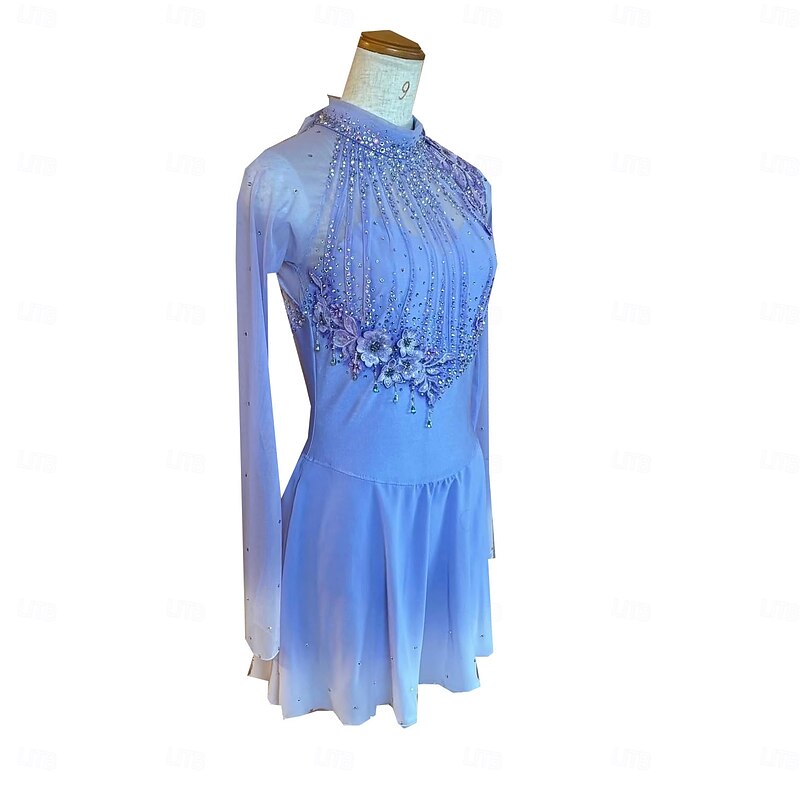 Figure Skating Dress Women's Girls' Ice Skating Dress Sky Blue Thumbhole Halo Dyeing High Elasticity Professional Competition Skating Wear Thermal Warm Crystal / Rhinestone Long Sleeve Ice Skating2