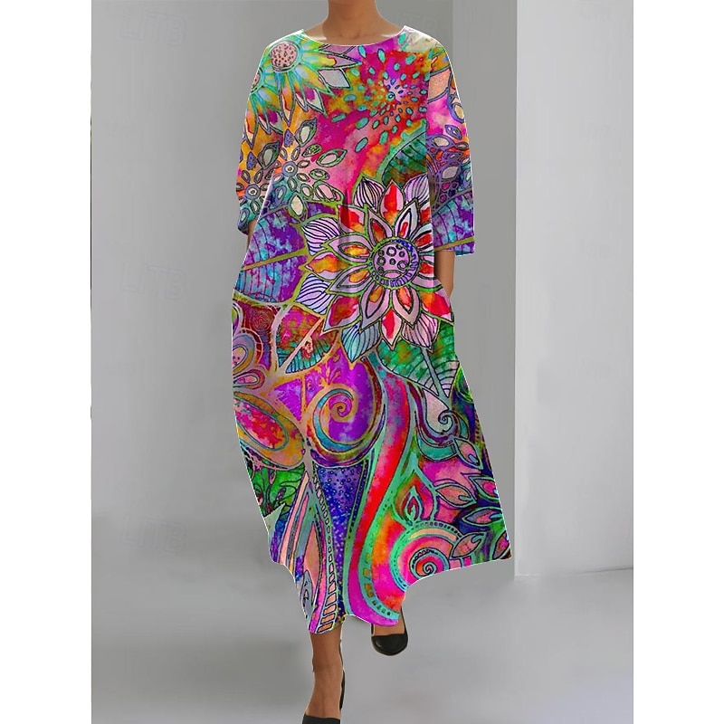 Women's Maxi Dress Sundress A Line Dress Summer Dress Vacation Casual Beach Daily Holiday Going out Loose Fit Graphic Geometric Linen Like Short Sleeve Crew Neck Boat Neck Dark Brown Light Brown4