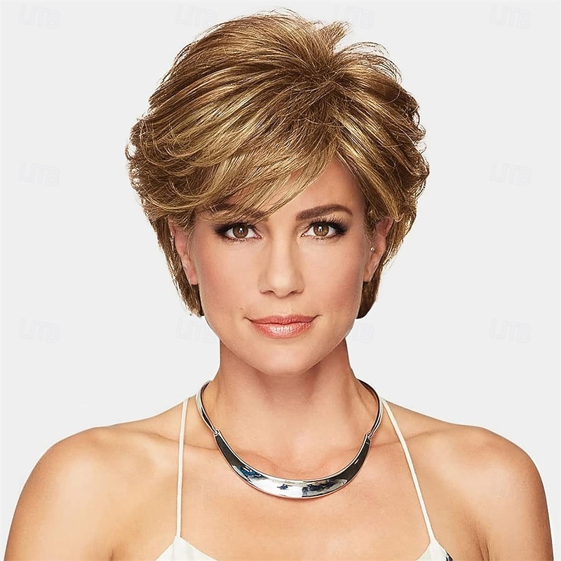 Short Brown Pixie Cut Wig Short Hair Wigs with Bangs Mixed Blonde Highlight Layered Fluffy Synthetic Hair Replacement Wig for Women Halloween Costumes Wigs