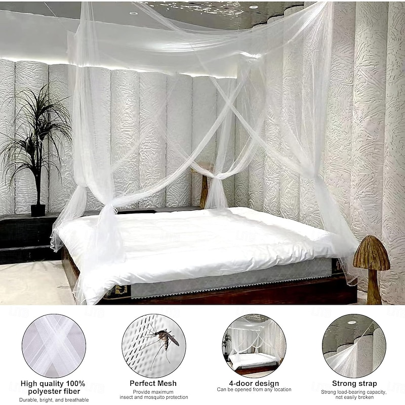 Mosquito Net for Single to King-Sized Beds, 2 Openings or Fully-Enclosed Bed Canopy, Rectangular White Universal Netting Canopy for Indoor Outdoor Use, Ideal for Home, Travel3