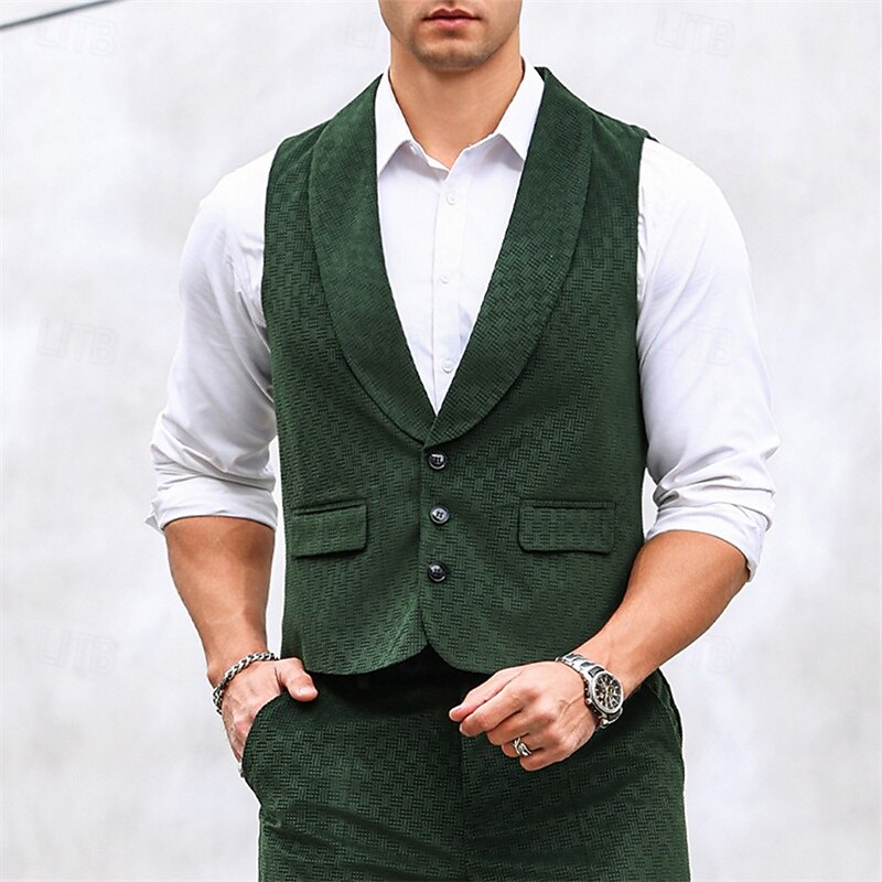 Men's Vest Waistcoat Gilet Vacation Party Business Fashion Casual Summer Spring Buttons Pocket Polyester Comfortable Plain Single Breasted Lapel Regular Fit Dark Green Vest2
