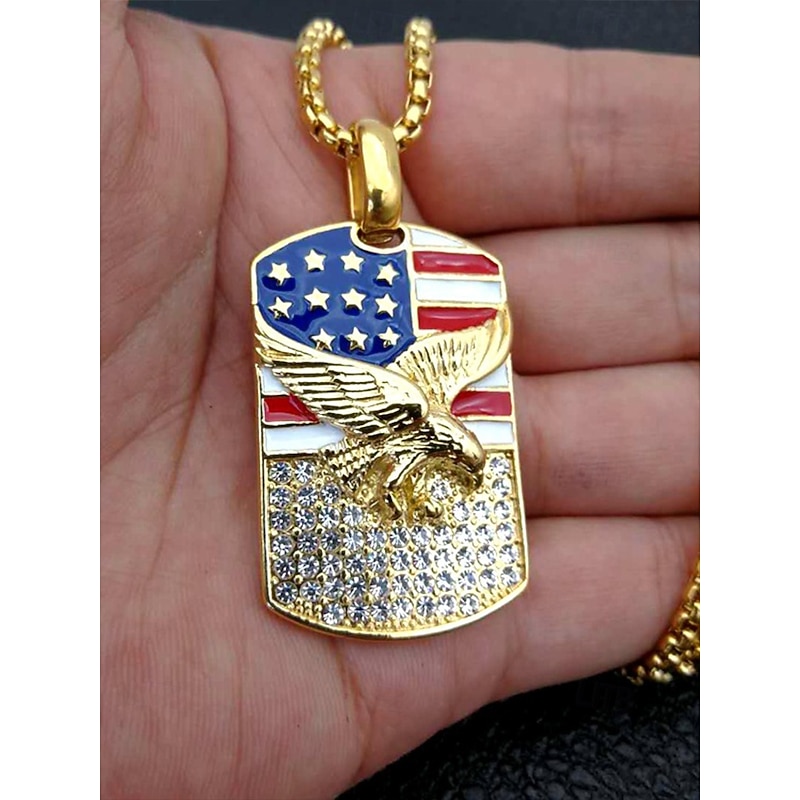 Men's American Flag Eagle Pendant Necklace – Gold Stainless Steel Patriotic Jewelry with Rhinestones for Independence Day, Veterans and Military Appreciation3