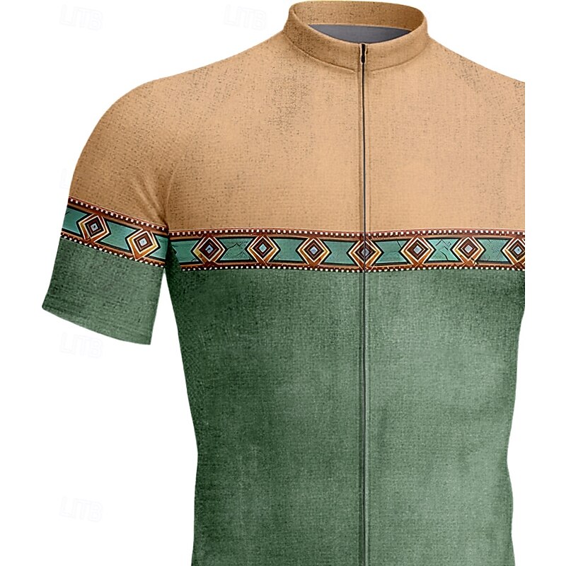 Men's Cycling Jersey Graphic Geometric Retro Short Sleeve Bike Jersey Top with 3 Rear Pockets UV Resistant Quick Dry Front Zipper Reflective Strips Sports Green Clothing Apparel3