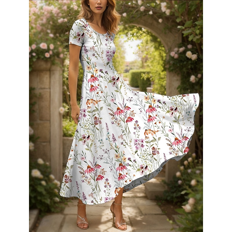 Women's Maxi Dress Casual Dress A Line Dress Summer Dress Elegant Vacation Casual Regular Fit Floral Graphic Short Sleeve Square Neck Red Blue Purple Summer