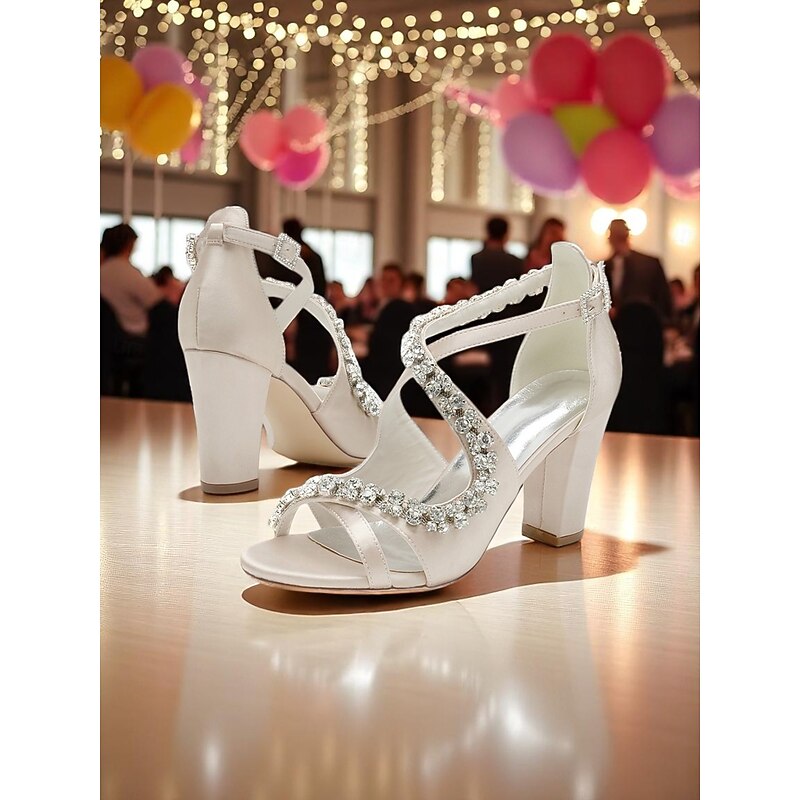 Women's Ivory Satin Chunky Heel Sandals with Rhinestone Straps – Elegant Open-Toe Dress Shoes for Cocktail Parties and Weddings