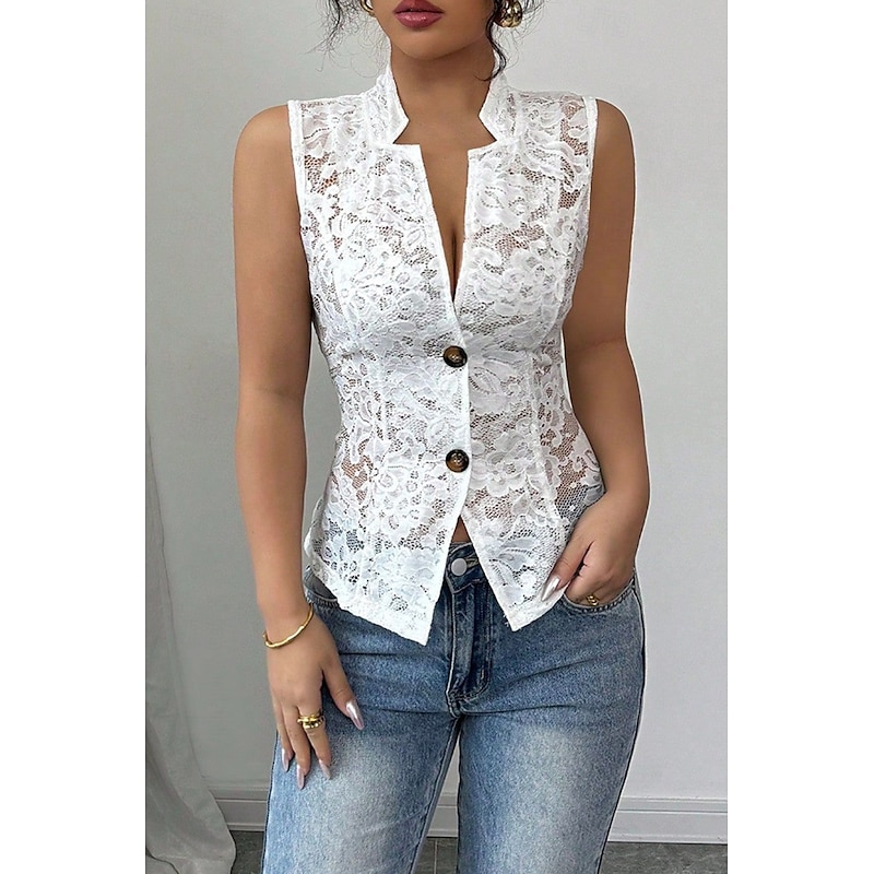 Women's Blouse Lace Tops Plain Elegant Modern Sleeveless V Neck Regular Tops Daily Holiday Going out Lace White Summer3