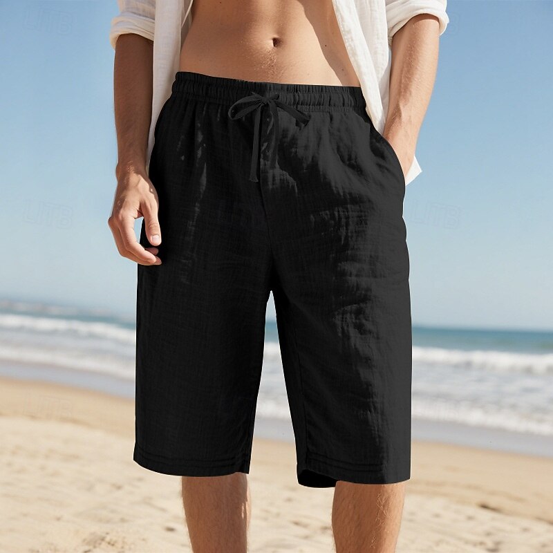 Men's Capri Pants Linen Shorts Summer Shorts Beach Shorts Drawstring Elastic Waist Plain Comfort Breathable Calf-Length Outdoor Daily Beach Vacation Fashion Black White2