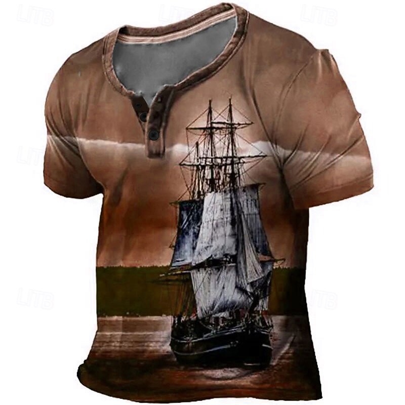 Sailboat T-Shirt Mens Graphic 3D For Vacation | Blue Summer Cotton Fashion Designer Comfortable Print Henley Tee Outdoor Casual Daily Day Pirate2