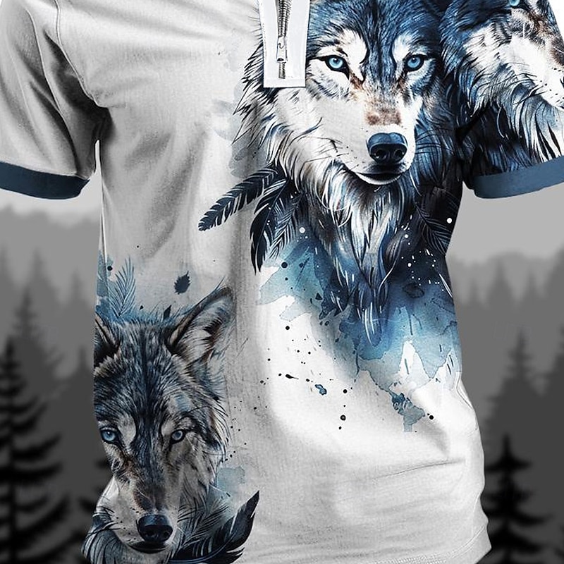 Men's Wolf Zip Polo Shirts Golf Shirt Short Sleeve Polo Shirts Collared Shirts Casual Funny Streetwear Vacation Wear Party Outfits 3D Print Quarter Zip Polo Summer Black Navy Blue Brown2