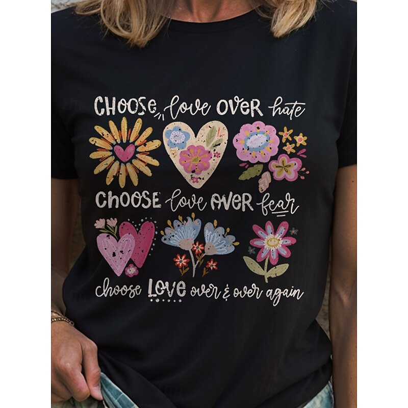 Women's T Shirt Heart Floral Graphic Vintage Stylish Classic Short Sleeve Crew Neck Round Neck Regular Tops Daily Print Black White Pink Light Blue Summer Spring Be Kind3