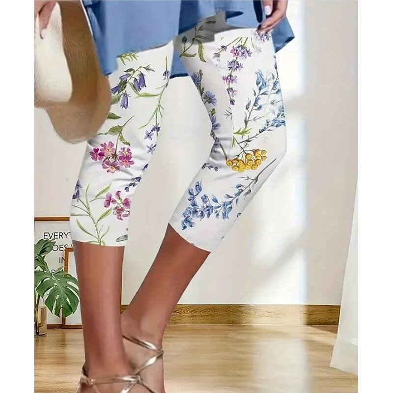 Women's Leggings Capri Pants High Elasticity Vacation Vintage Fashion Calf-Length High Waist Floral Graphic Printing Breathable Soft Stretchy Formal Vacation Street Violet Robin's Egg2