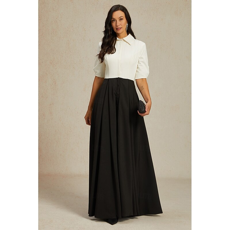 A-Line Mother of the Bride Dress Elegant Party Shirt Collar Floor Length Taffeta Short Sleeve with Bow(s) Color Block